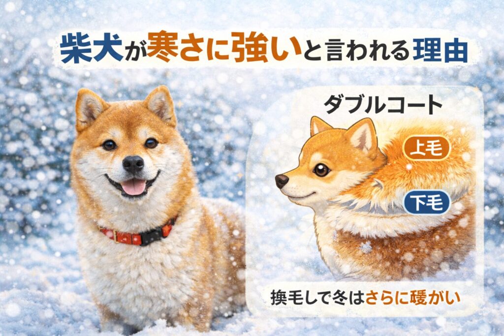雪の中に立つ柴犬と、ダブルコート(上毛と下毛)の仕組みを示したイラスト