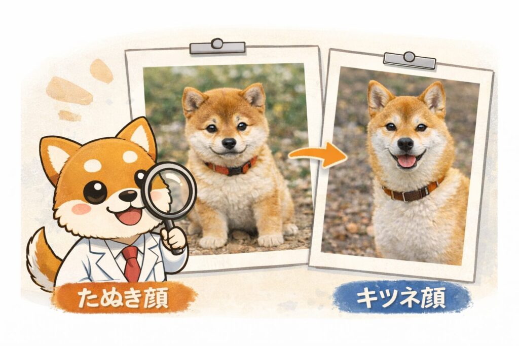 柴犬の子犬と成犬の顔の変化を比較したイメージ