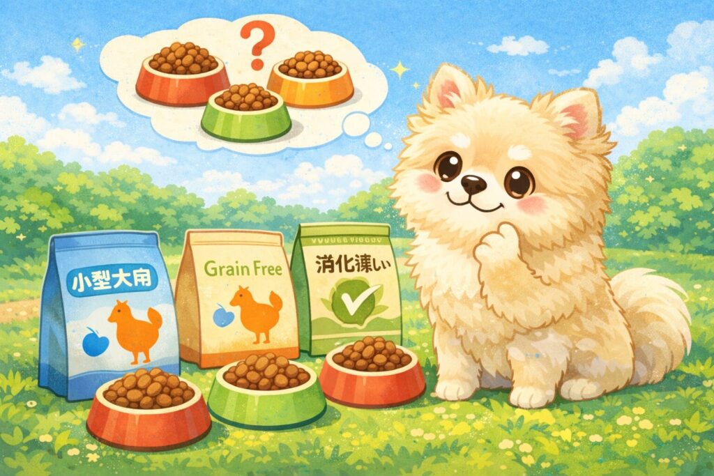 ポメラニアンに合うドッグフード選びのポイントを示したイラスト