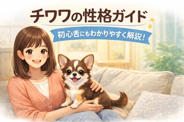 日本人女性とチワワが室内で穏やかに過ごす、チワワの性格をイメージしたイラスト