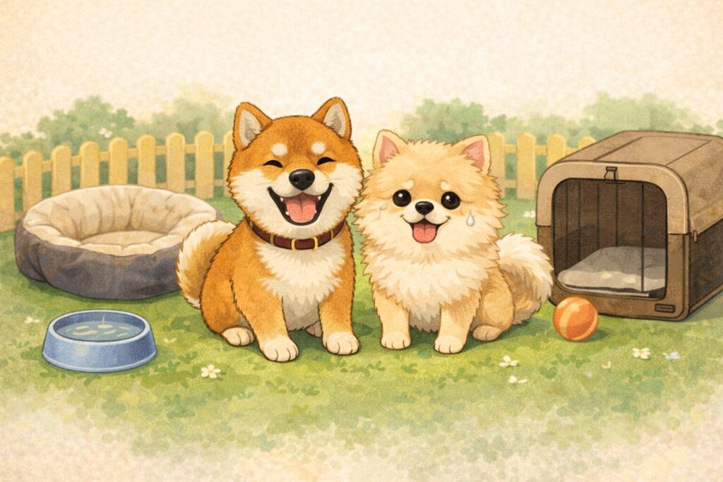 庭で並んで笑顔の柴犬と白ポメラニアン、横にケージと水皿があるイラスト