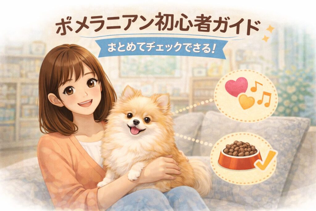 日本人女性とポメラニアンが室内で過ごし、原産国・性格・フードを示すアイコンが描かれた初心者向けイラスト