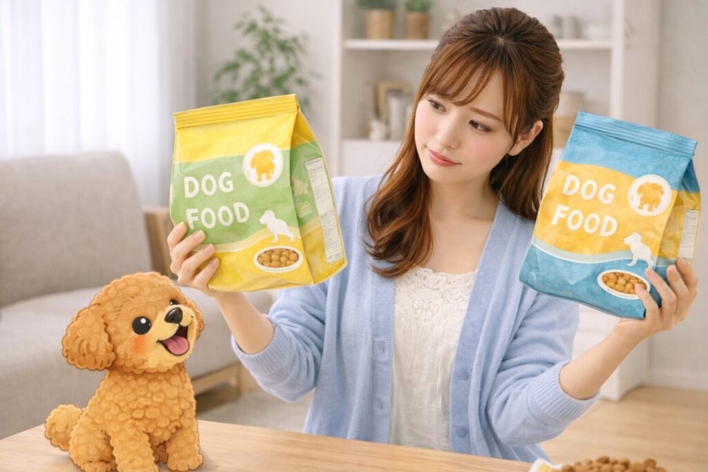 日本人女性がトイプードルのためにドッグフードを比較している様子
