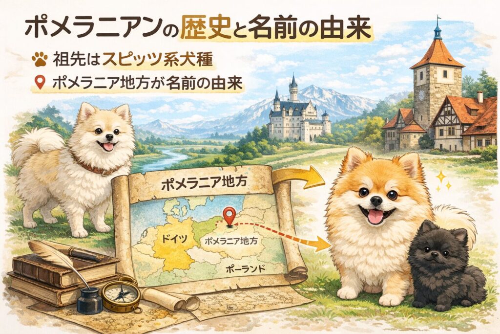ポメラニア地方の地図とポメラニアンの祖先を描いたイラスト。ポメラニアンの歴史と名前の由来を表現した画像