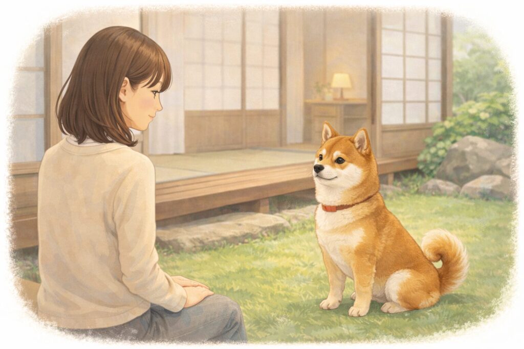 飼い主と適度な距離を保ちながら向き合う柴犬の様子