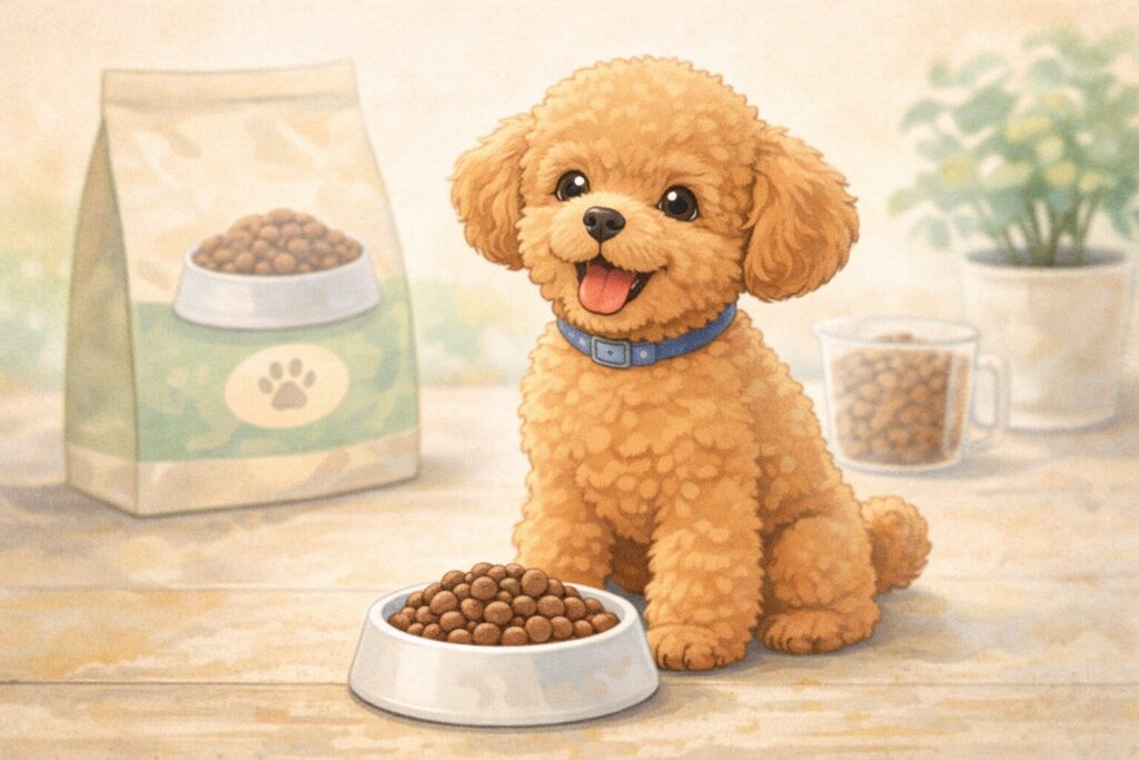 トイプードル初心者向けにドッグフード選びのポイントがわかる食事イメージイラスト