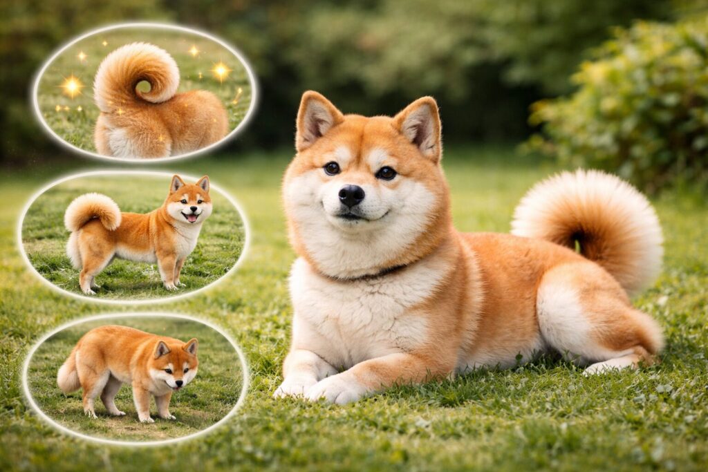 芝生の上でくつろぐ柴犬と、しっぽの状態の違いが分かる実写画像