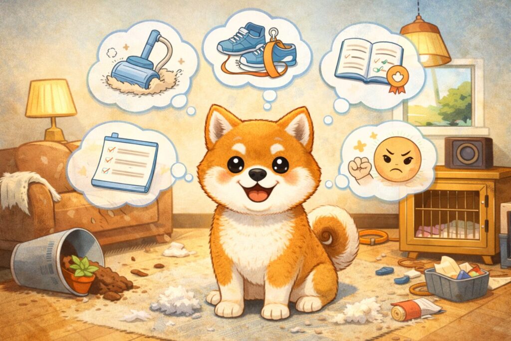 柴犬を室内で飼うために必要な覚悟と対策をイメージしたイラスト