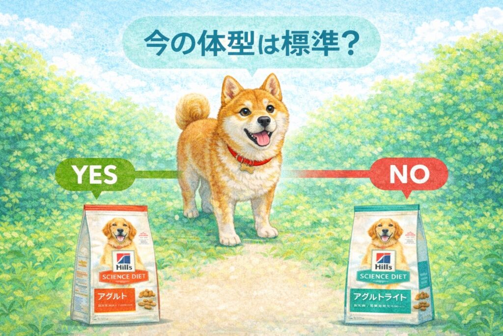 柴犬の体型を基準に、アダルトかアダルトライトを選ぶ分岐イラスト