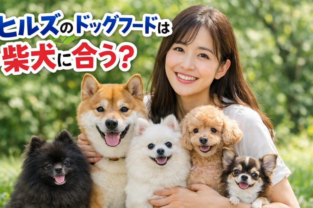 笑顔の日本人女性と柴犬・ポメラニアン・プードル・チワワが並ぶアイキャッチ写真