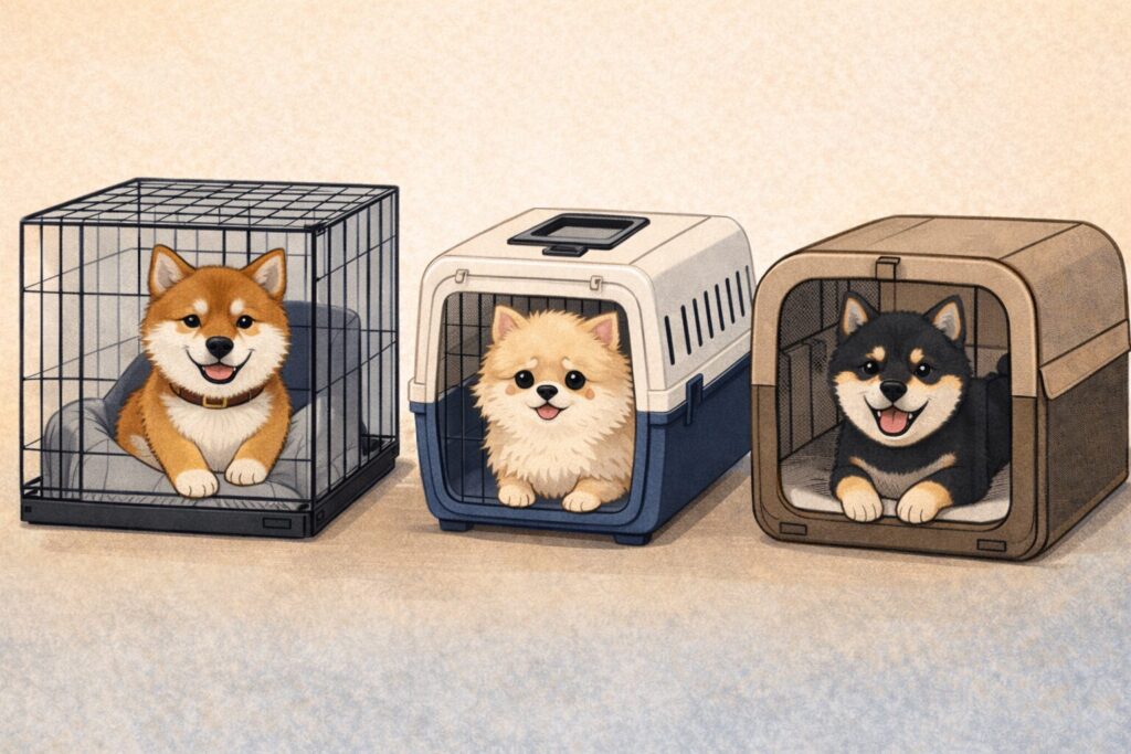 ケージ、クレート、布製クレートに入った柴犬とポメラニアンのイラスト