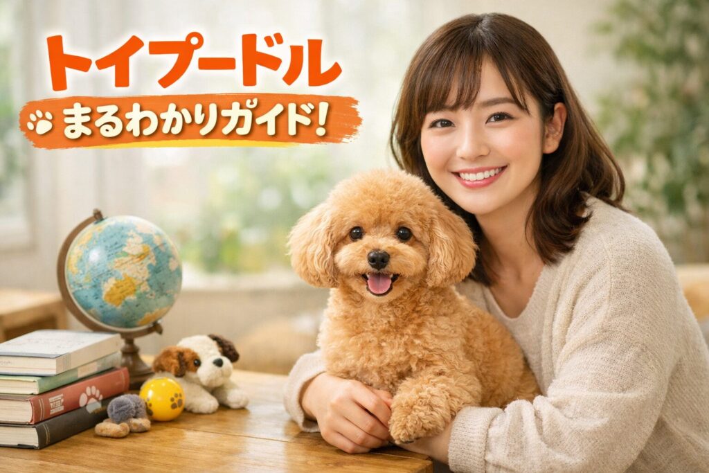日本人女性とアプリコットのトイプードルが一緒に写る、トイプードル総合ガイドのアイキャッチ画像