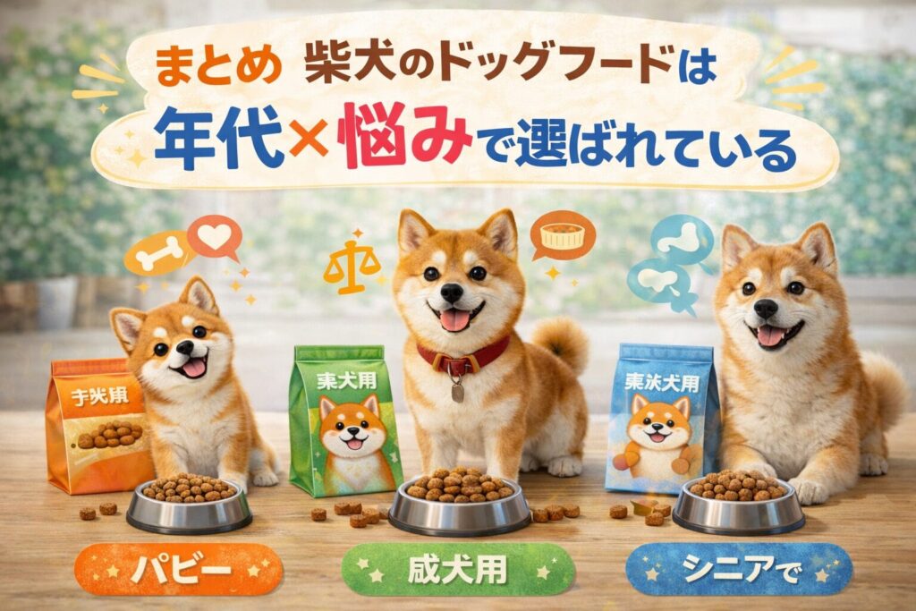 パピー・成犬・シニアの柴犬が並び、年代別フード選びを表現した実写画像