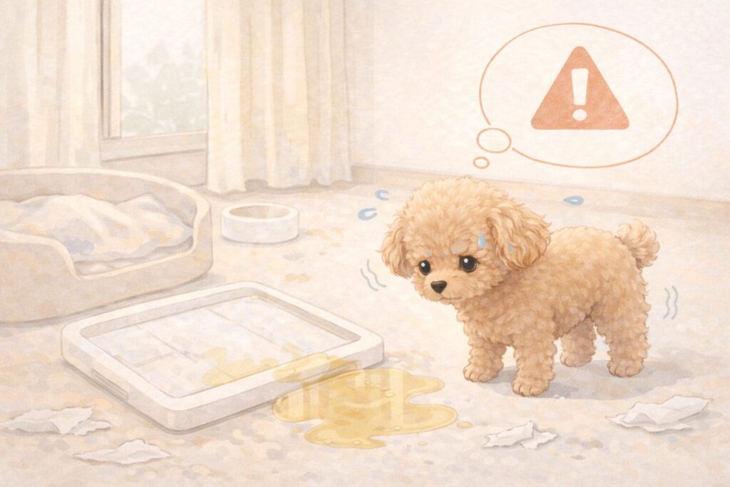 留守番中にトイレを失敗して不安そうなアプリコットプードルのイラスト