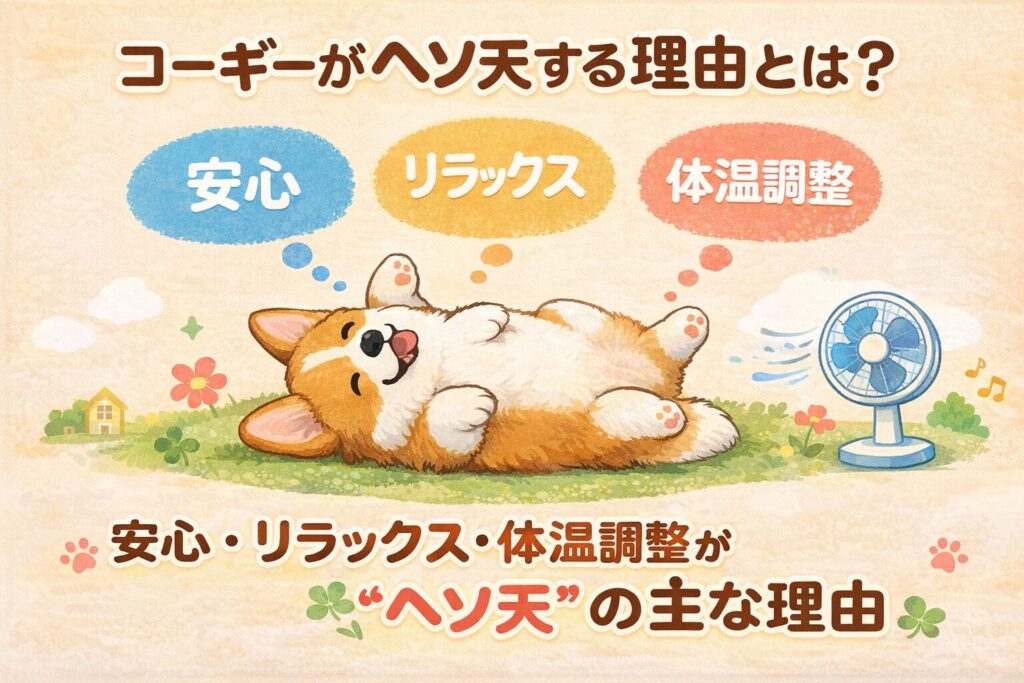 ヘソ天で寝るコーギーと、安心・リラックス・体温調整の吹き出しが並ぶ可愛いイラスト