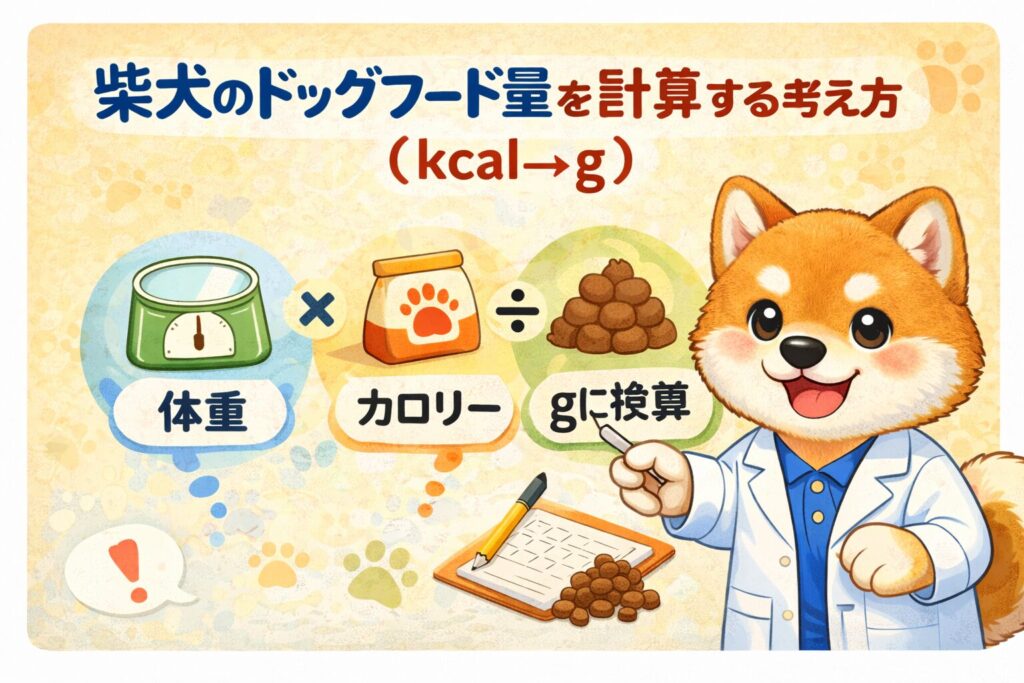 体重・カロリー・g換算の流れを説明する柴犬のイラスト。計算を教えている様子。