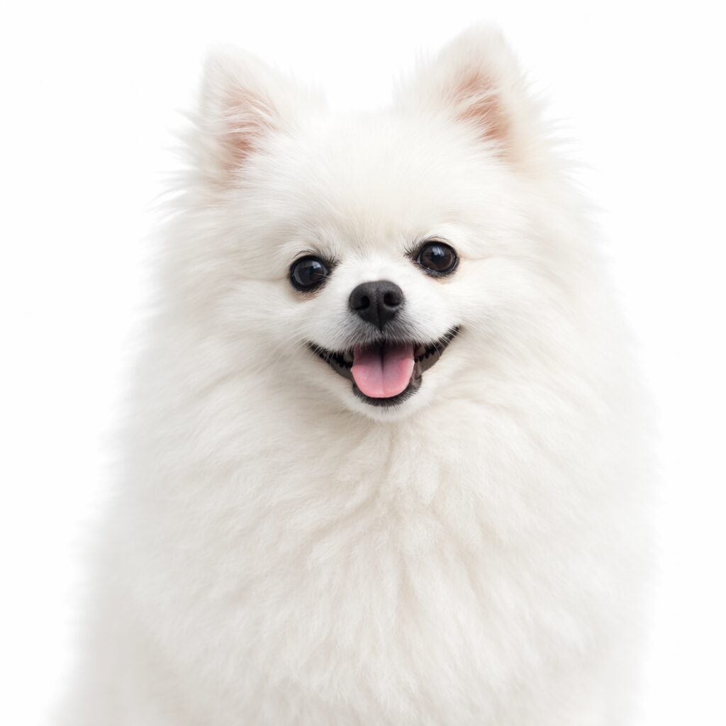 白いポメラニアンの写真。初心者向けに飼い方を解説するガイドページ用のイメージ