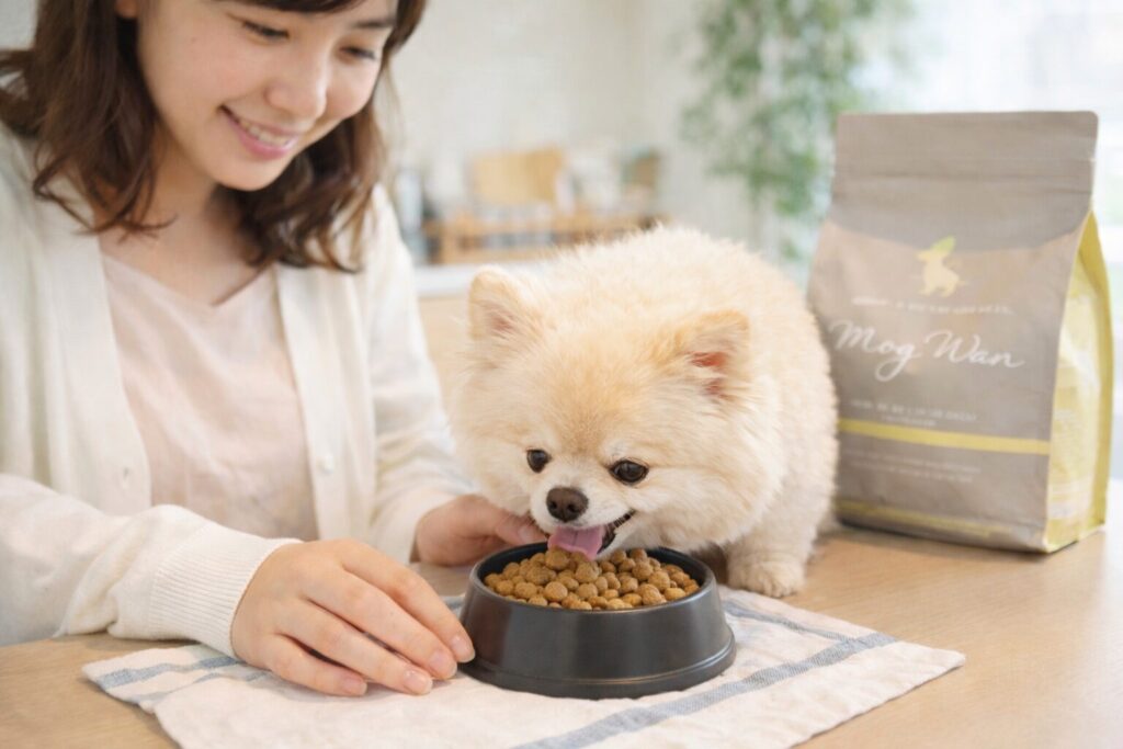 室内で飼い主に見守られながらドッグフードを食べるポメラニアン