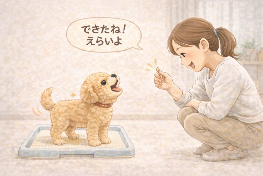 トイレトレーで排泄に成功した犬を日本人女性が優しく褒めている初心者向けトイレしつけのイラスト