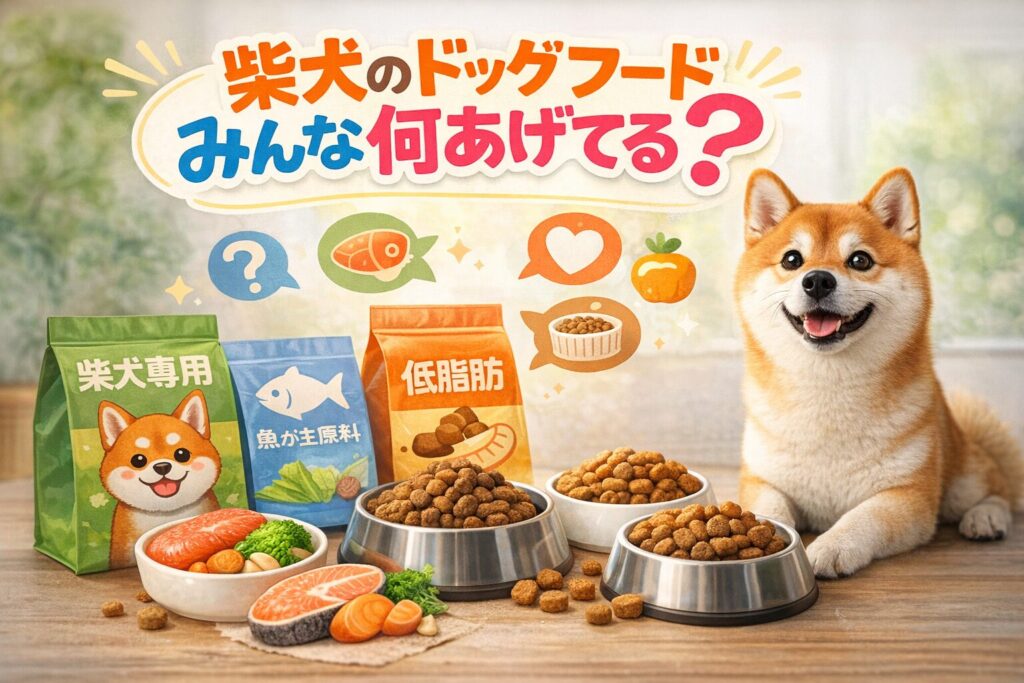 柴犬と複数種類のドッグフードが並び、定番と悩み別の選び方を表現した実写風画像