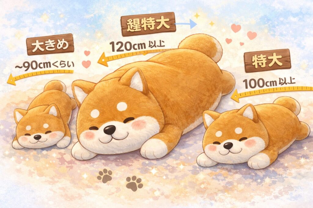 柴犬抱き枕のサイズ違いを比較したイラスト(90cm・100cm・120cm)