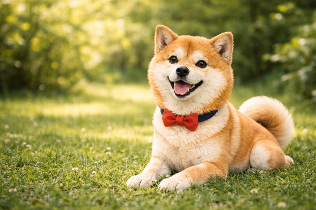 芝生の上でくつろぐ笑顔の柴犬の実写写真