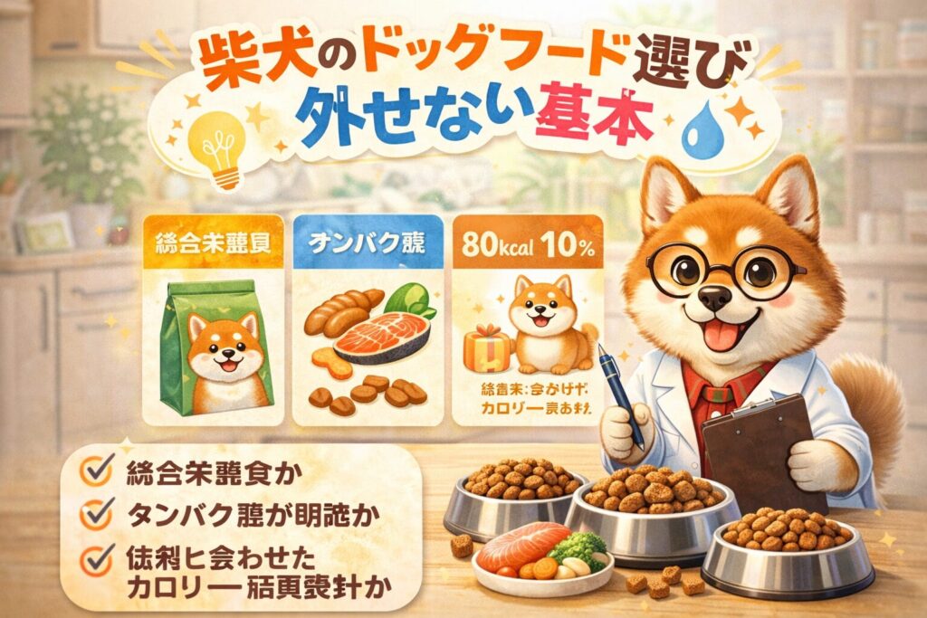 柴犬とドッグフード、成分やカロリーの重要ポイントが分かる実写風イメージ