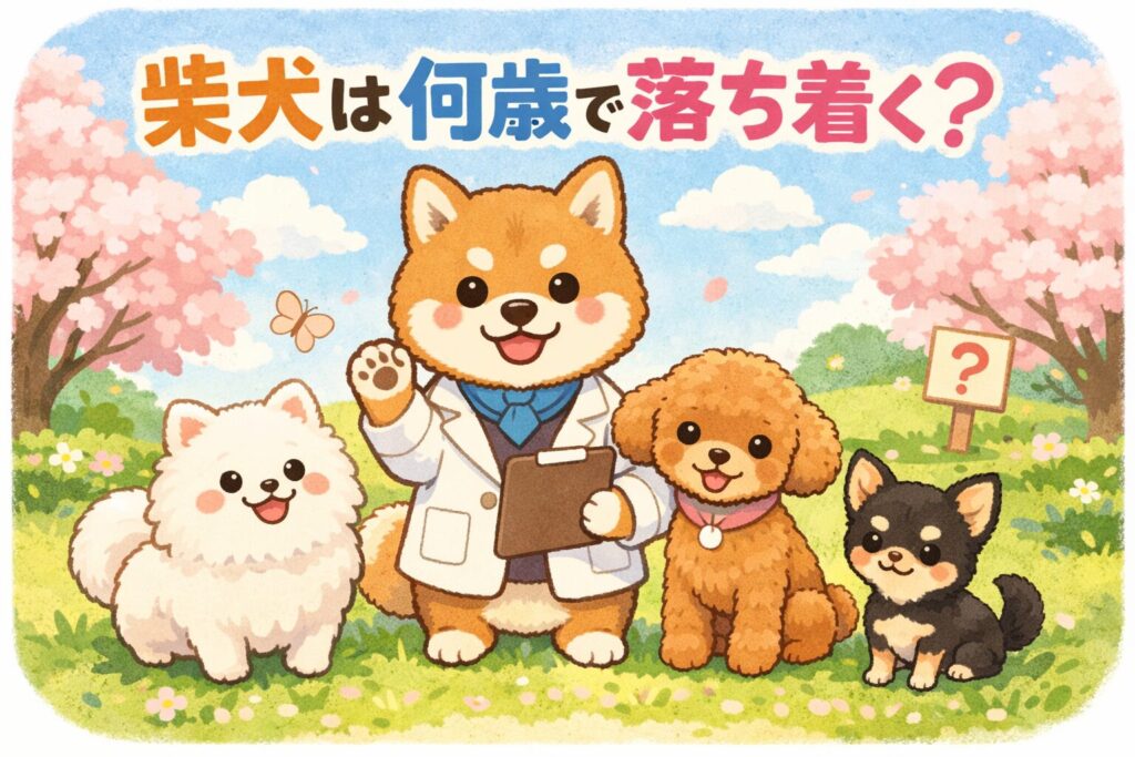 桜の公園で白ポメ・アプリコットプードル・チワワと並ぶ、研究員風の柴犬イラスト