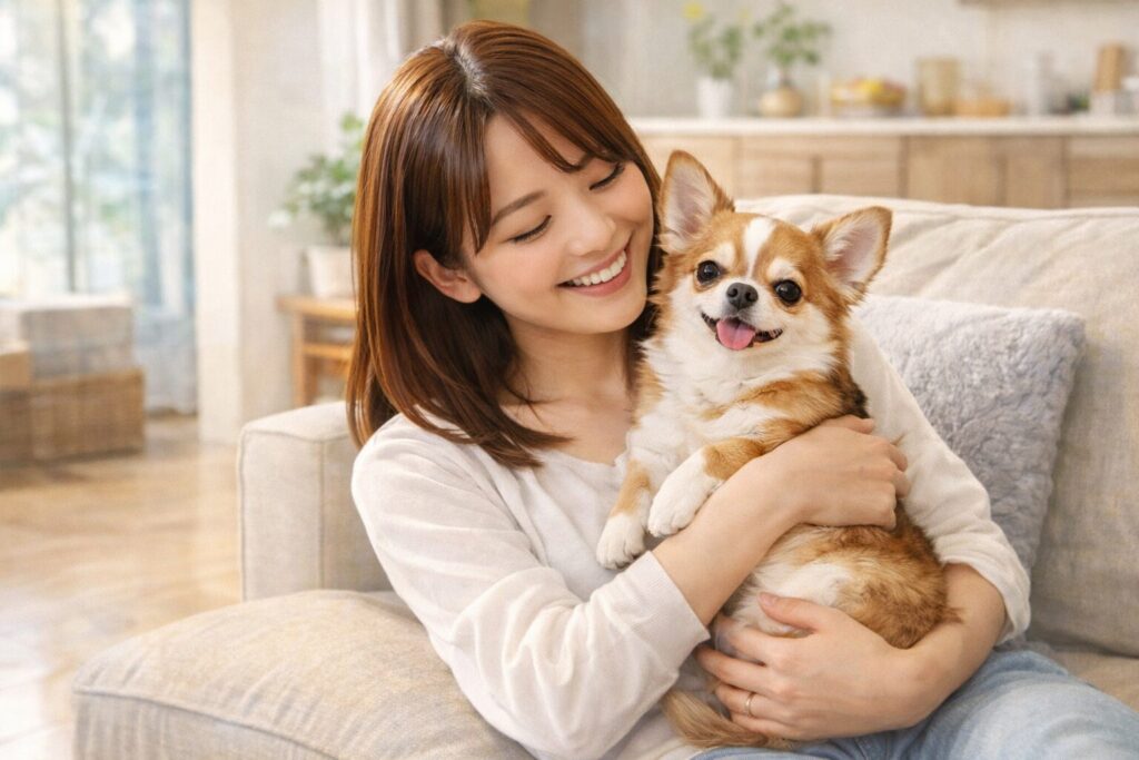 日本人女性がソファでチワワを抱っこしリラックスしている様子