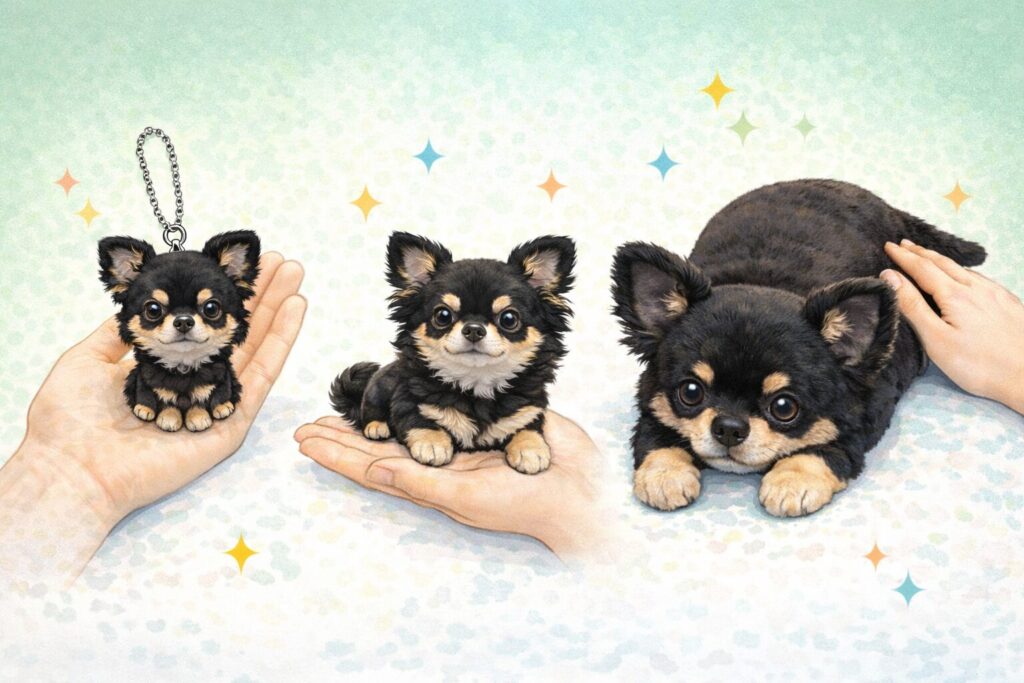 ミニキーホルダーから抱き枕サイズまでの黒チワワぬいぐるみ比較イラスト