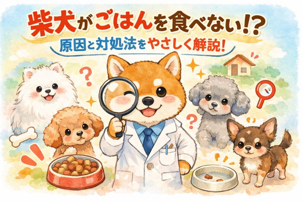 白衣の柴犬研究員と小型犬たちが「食べない原因と対策」を楽しく伝えるイラスト