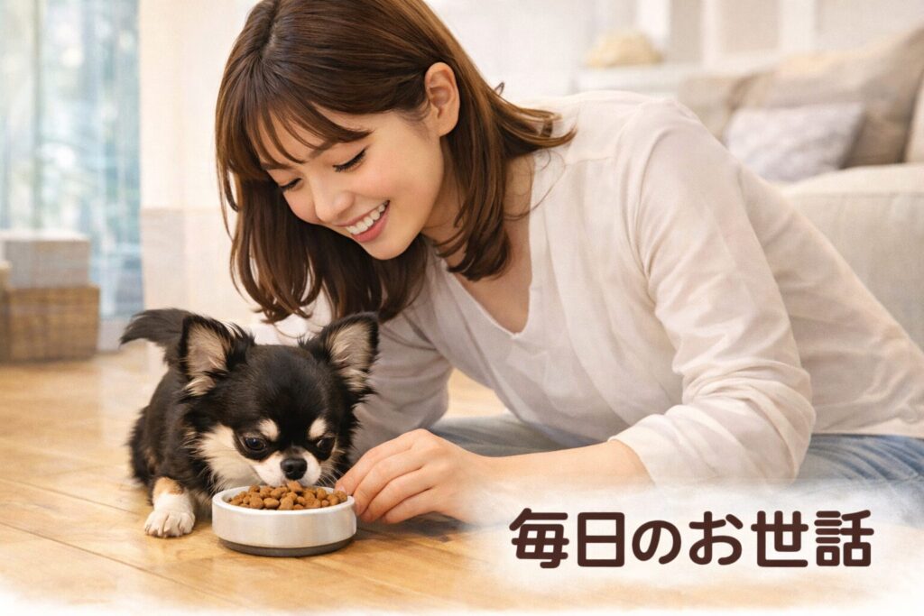 日本人女性が室内でチワワに食事を与えてお世話している様子