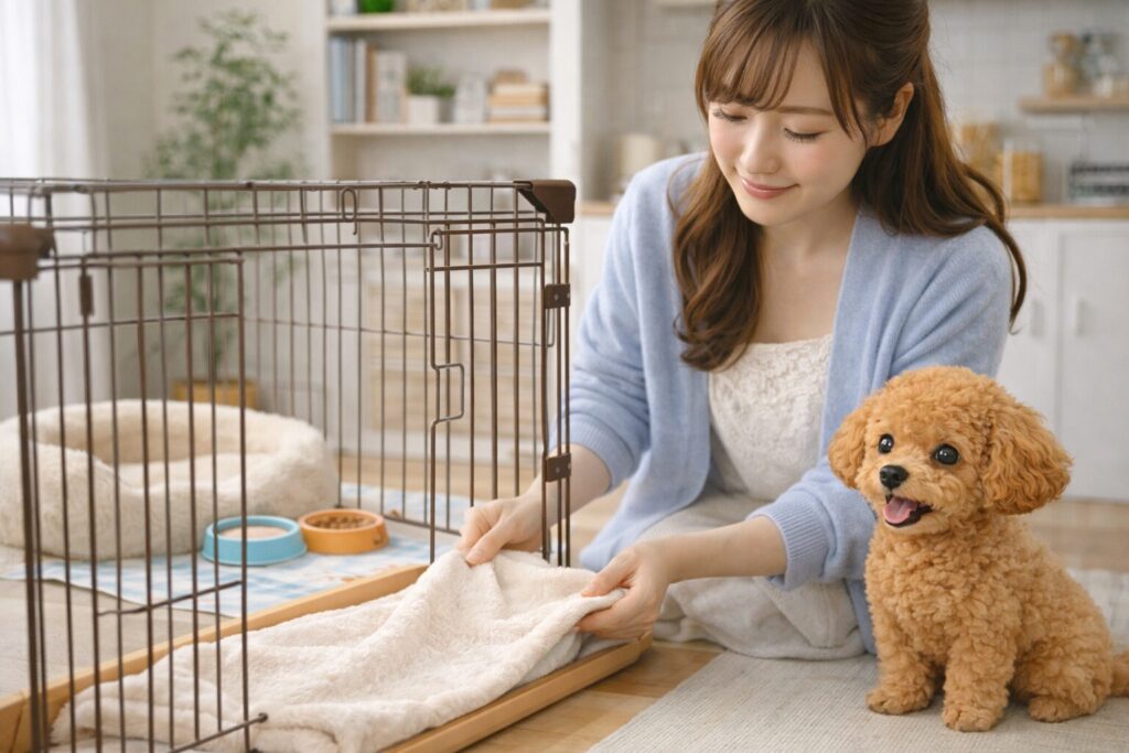 トイプードルを迎えるためにケージやベッドを準備する日本人女性