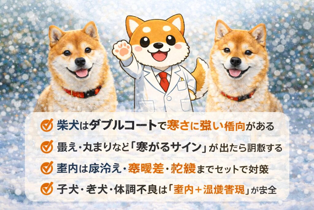 柴犬研究員のイラストと実写の柴犬が並び、冬の注意点をまとめたイメージ