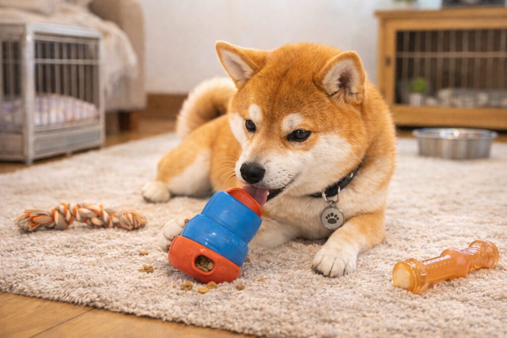 知育タイプの噛めるおもちゃで遊ぶ柴犬の留守番風景