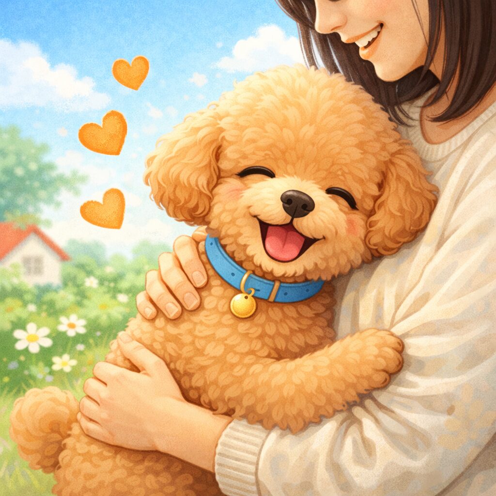 飼い主に抱かれて幸せそうな表情をしたトイプードルのイラスト。安心した暮らしを表現