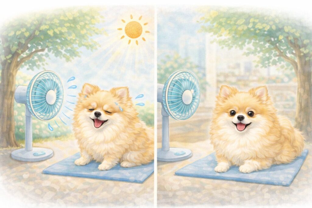 扇風機やクールマットを使って暑さ対策をしているポメラニアンのイラスト