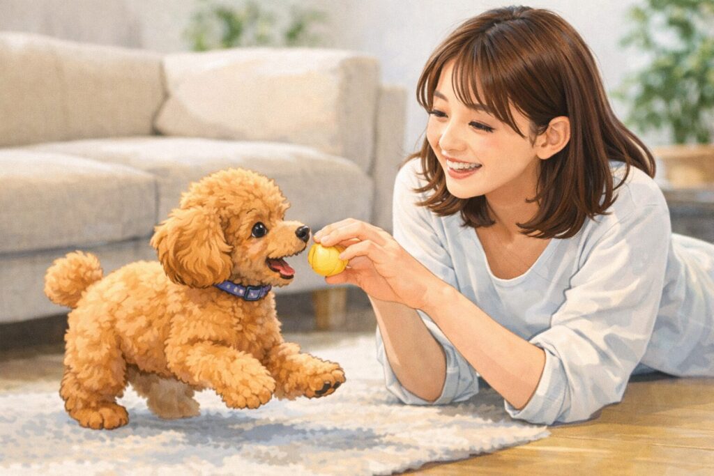 トイプードルと室内で暮らす初心者飼い主の生活イメージ写真