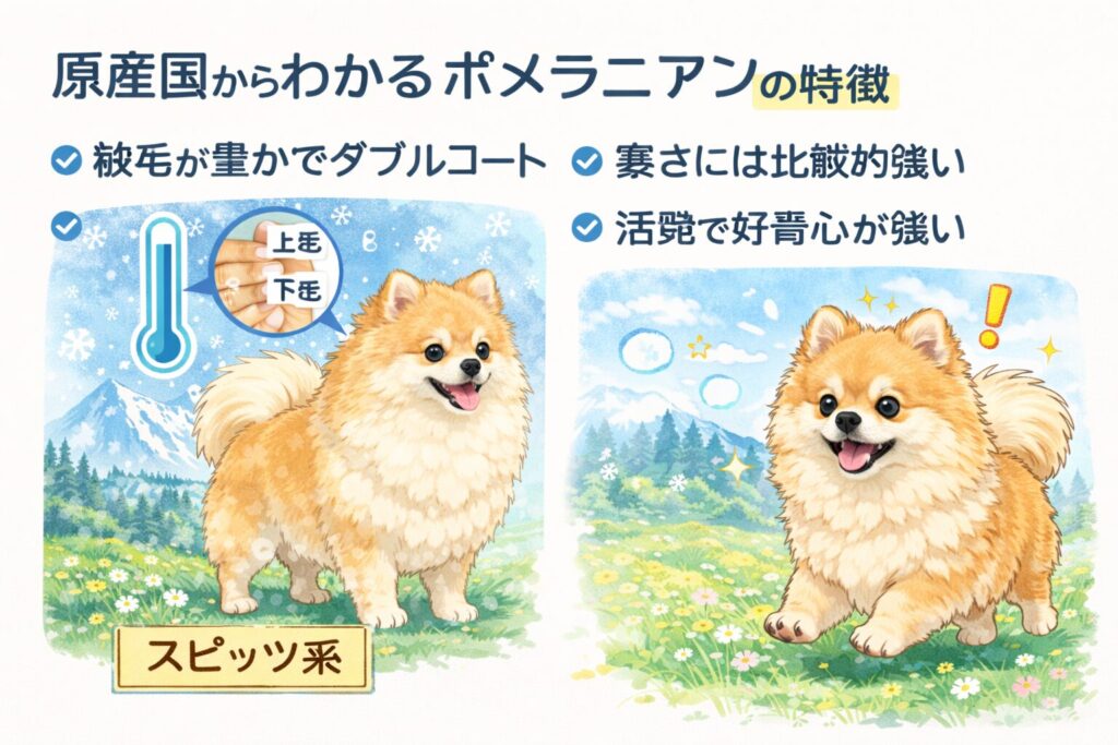 暑さ対策やブラッシングをするポメラニアンのイラスト。原産国を踏まえた飼い方のポイントを表した画像