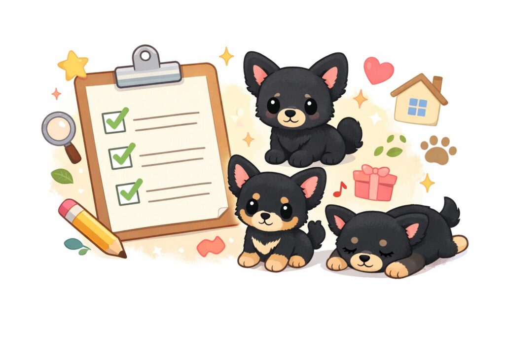 チェックリストと黒・ブラックタンのチワワぬいぐるみイラスト