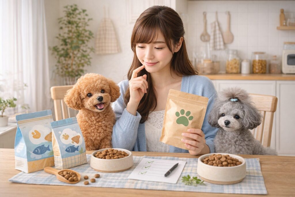 日本人女性がトイプードルと一緒にドッグフードを選んでいる様子