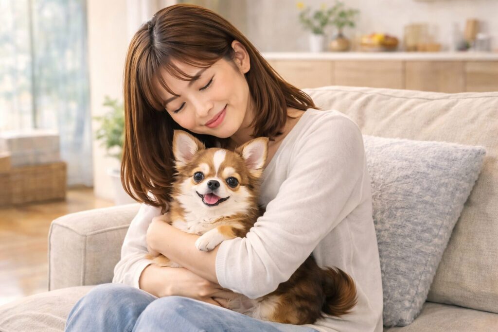 日本人女性がソファでチワワを抱っこし、安心した表情で過ごしている様子