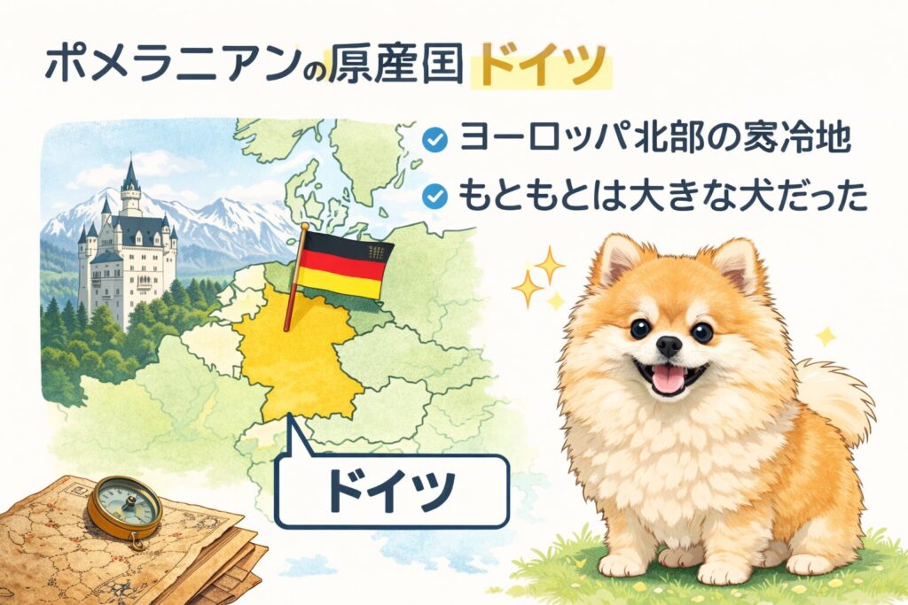 ドイツの地図とポメラニアンのイラスト。ポメラニアンの原産国がドイツであることを解説する見出し画像