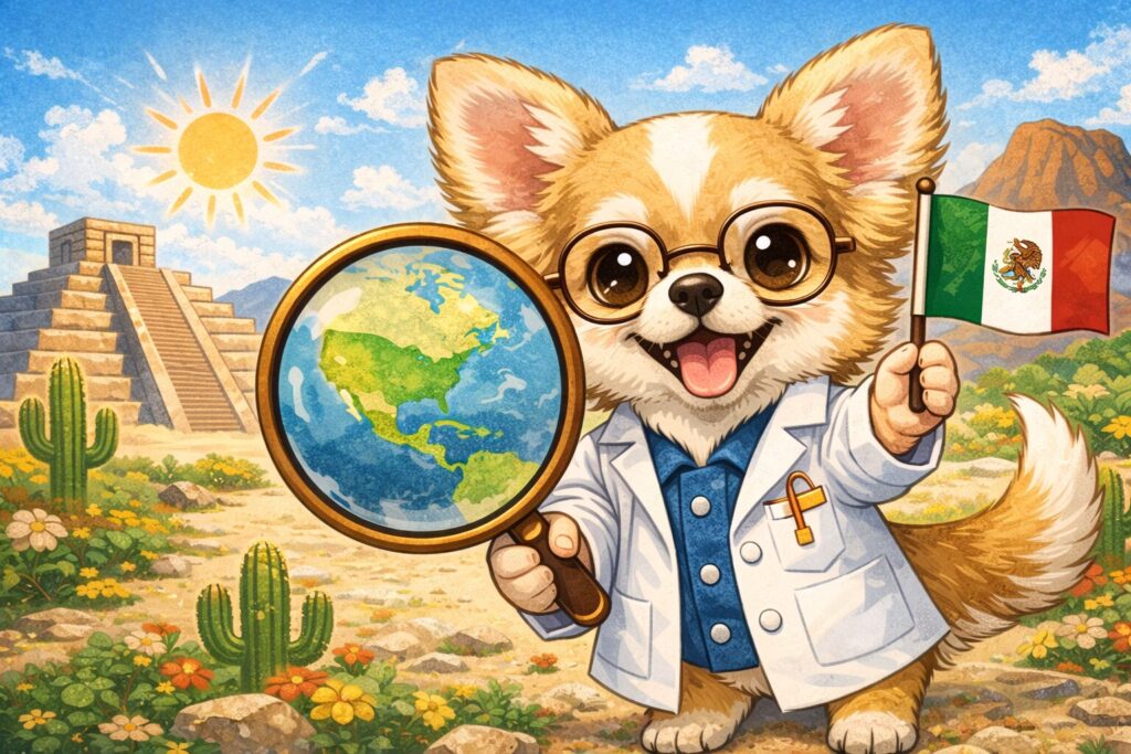 メキシコの自然とともに描かれたチワワのイラスト