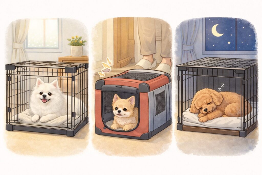 昼・来客時・夜のシーン別に犬が異なるケージで過ごしている様子を描いたイラスト