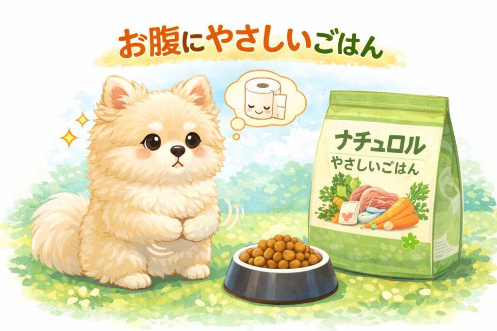 消化にやさしいドッグフードを食べるポメラニアンのイラスト