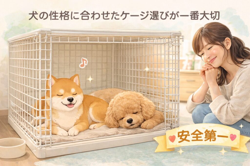 ワイヤーネットケージで安心してくつろぐ柴犬とトイプードルのイラスト