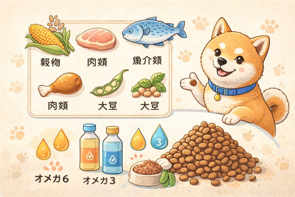 穀物や肉・魚などの食材アイコンと柴犬が並ぶ原材料チェックのイラスト
