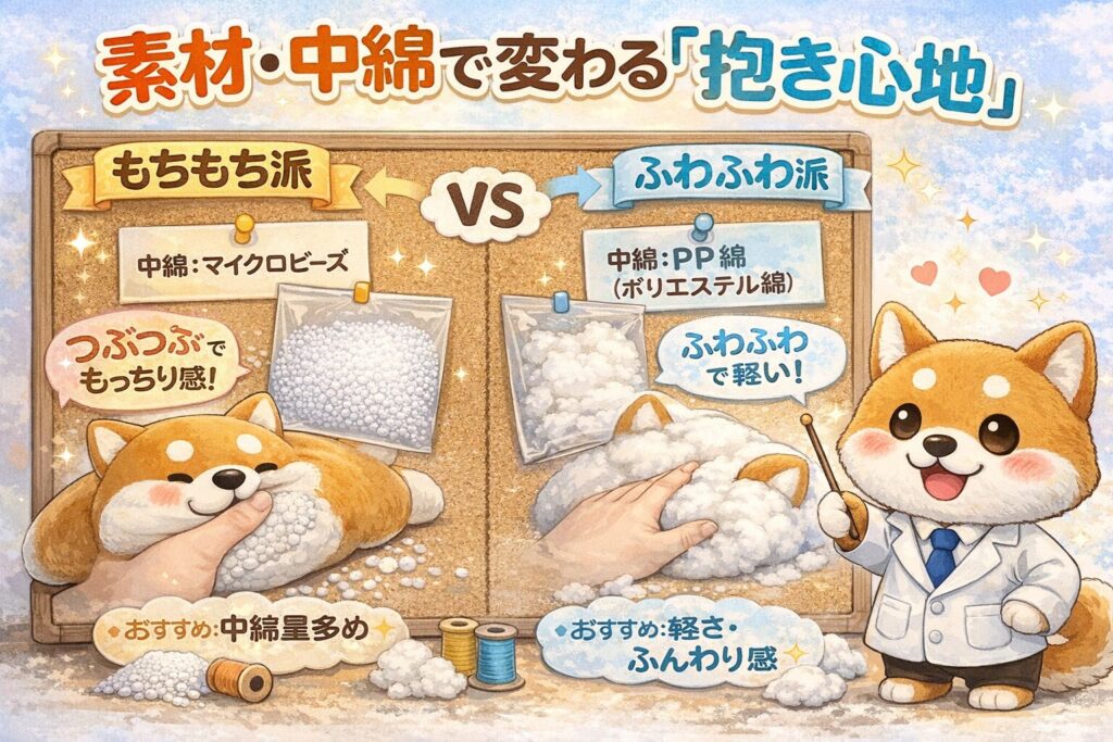 柴犬抱き枕の中綿素材による抱き心地の違いを比較したイラスト