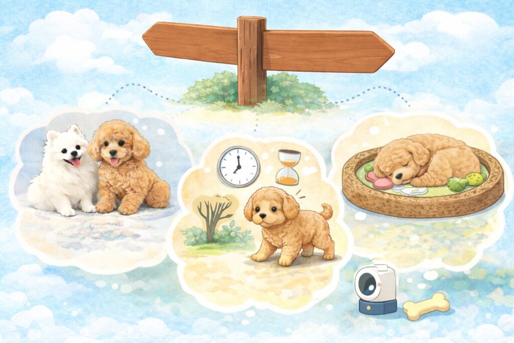 成犬や子犬の違いをイメージした犬の留守番時間の考え方を表したイラスト